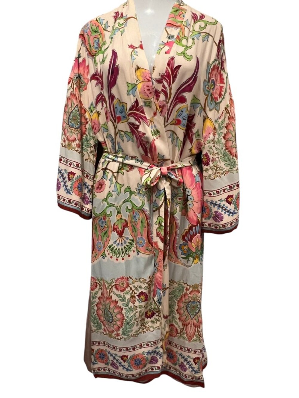 Zara Floral Print With Self Tie Long Kimono Robe Cover Up, Lined, Ivory Pink, M